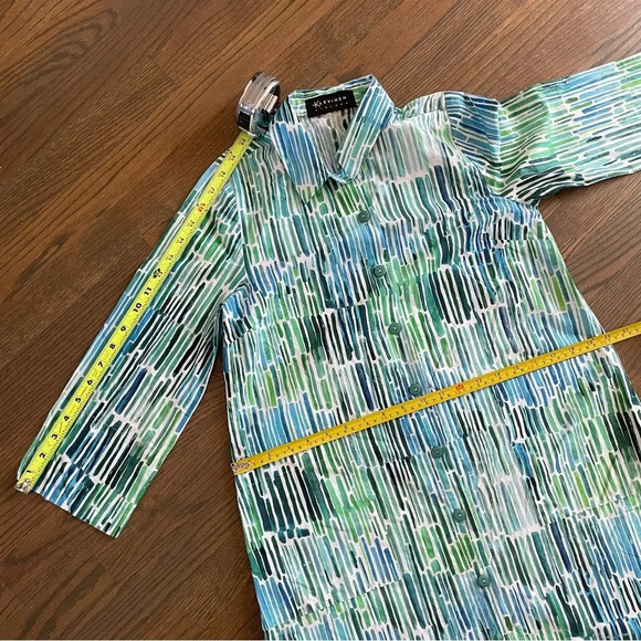 KARVINEN FINLAND button down shirt tunic mini dress green blue white abstract - Picture 8 of 11